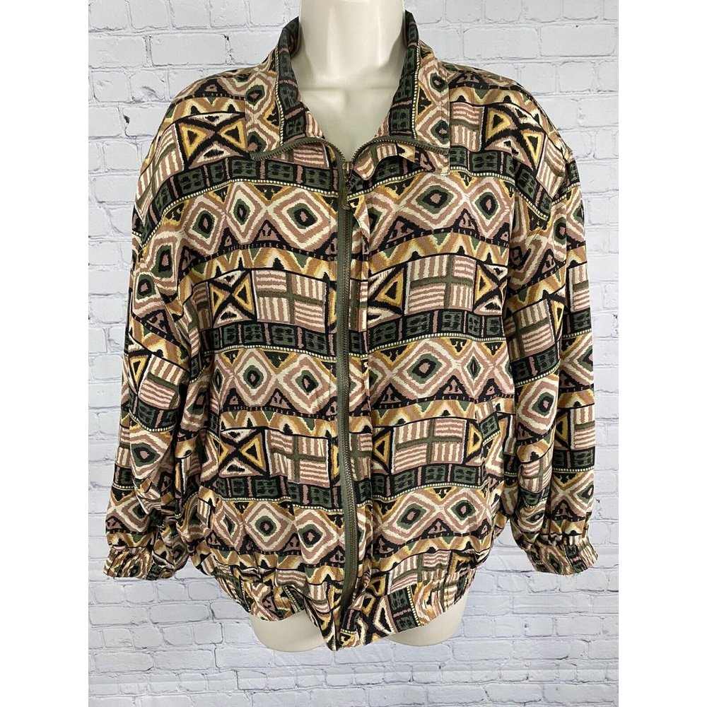 VTG Fuda International Colorful Aztec Print Full Zip 100% Silk Bomber Jacket M